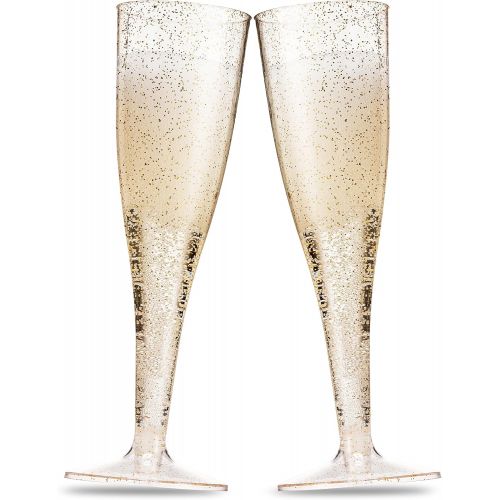  [아마존베스트]Munfix 100 Pack Gold Glitter Plastic Champagne Flutes 5 Oz Clear Plastic Toasting Glasses Disposable Wedding Party Cocktail Cups