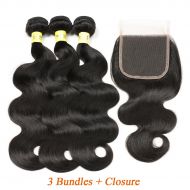 Mureen Brazilian Hair 3 Bundles with Closure Body Wave 4×4 Virgin Hair Lace Closure with Bundles Unprocessed Human Hair Extensions Weave Weft With Closure Natural Color (14 16 18 +