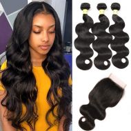 Mureen Brazilian Hair 3 Bundles with Closure Body Wave 4×4 Virgin Hair Lace Closure with Bundles Unprocessed Human Hair Extensions Weave Weft With Closure Natural Color (20 22 24 +