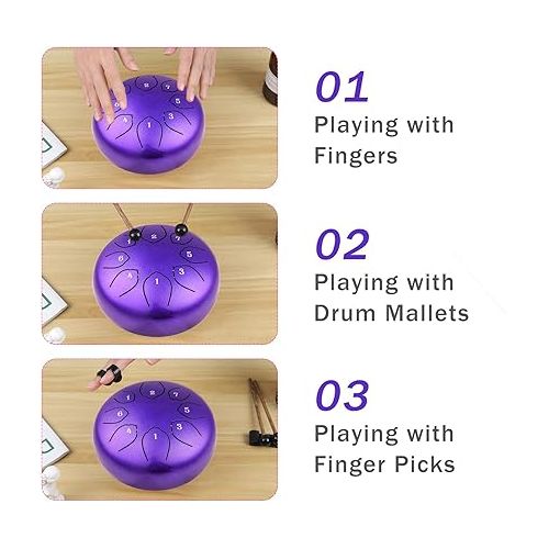  Steel Tongue Drum Kids Instrument: Musical Metal Tank Drums Set 6 Inch 8 Notes C-Key for Meditation Yoga Education Percussion with Bag, Music Book, Mallets, Finger Picks(Purple)