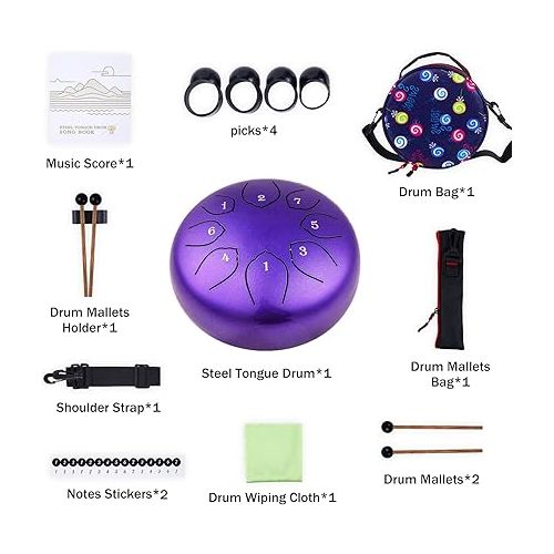  Steel Tongue Drum Kids Instrument: Musical Metal Tank Drums Set 6 Inch 8 Notes C-Key for Meditation Yoga Education Percussion with Bag, Music Book, Mallets, Finger Picks(Purple)