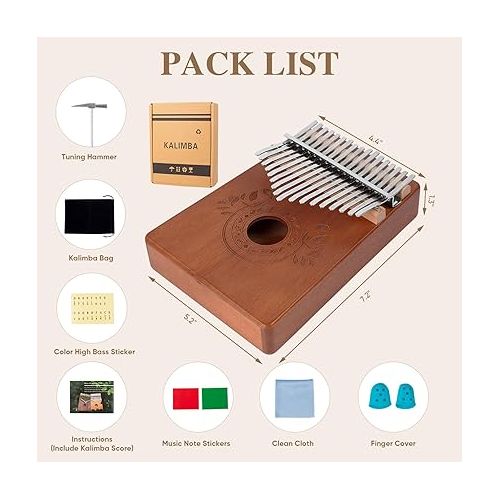  Kalimba Thumb Piano 17 Keys Instrument: Portable Mbira Finger Pianos Musical Gifts for Kids Adults Beginners - Mahogany Wood Handheld Piano with Tune Hammer, Music Book