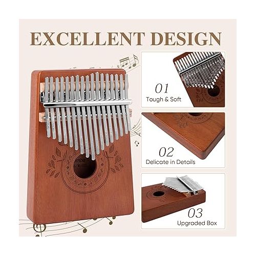  Kalimba Thumb Piano 17 Keys Instrument: Portable Mbira Finger Pianos Musical Gifts for Kids Adults Beginners - Mahogany Wood Handheld Piano with Tune Hammer, Music Book