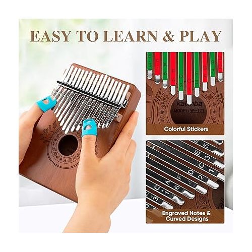  Kalimba Thumb Piano 17 Keys Instrument: Portable Mbira Finger Pianos Musical Gifts for Kids Adults Beginners - Mahogany Wood Handheld Piano with Tune Hammer, Music Book