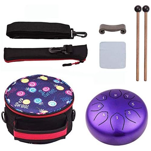  Musfunny Steel Tongue Drum 6 inches 8 Notes Percussion Instrument C-Key Handpan Drum with Bag,Couple of Mallets Wiping Cloth for Musical Education Concert Mind Healing Yoga Meditation (Purp