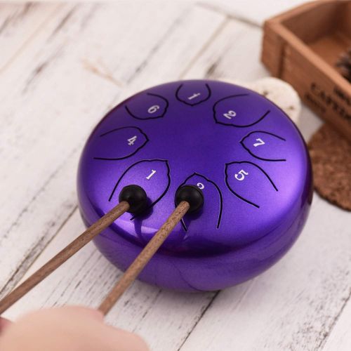  Musfunny Steel Tongue Drum 6 inches 8 Notes Percussion Instrument C-Key Handpan Drum with Bag,Couple of Mallets Wiping Cloth for Musical Education Concert Mind Healing Yoga Meditation (Purp