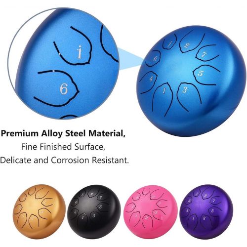  Musfunny Steel Tongue Drum 6 inches 8 Notes Percussion Instrument C-Key Handpan Drum with Bag,Couple of Mallets Wiping Cloth for Musical Education Concert Mind Healing Yoga Meditation (Purp