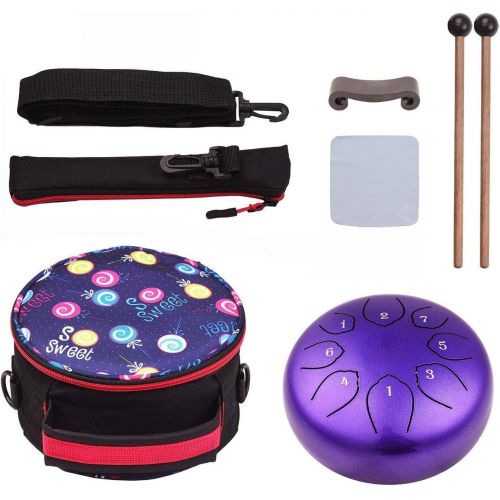  Musfunny Steel Tongue Drum 6 inches 8 Notes Percussion Instrument C-Key Handpan Drum with Bag,Couple of Mallets Wiping Cloth for Musical Education Concert Mind Healing Yoga Meditation (Purp