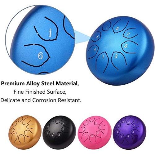  Musfunny Steel Tongue Drum 6 inches 8 Notes Percussion Instrument C-Key Handpan Drum with Bag,Couple of Mallets Wiping Cloth for Musical Education Concert Mind Healing Yoga Meditation (Blue