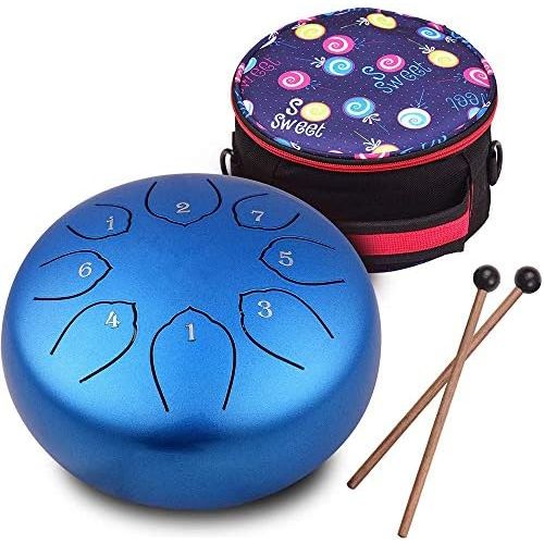  Musfunny Steel Tongue Drum 6 inches 8 Notes Percussion Instrument C-Key Handpan Drum with Bag,Couple of Mallets Wiping Cloth for Musical Education Concert Mind Healing Yoga Meditation (Blue