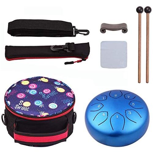  Musfunny Steel Tongue Drum 6 inches 8 Notes Percussion Instrument C-Key Handpan Drum with Bag,Couple of Mallets Wiping Cloth for Musical Education Concert Mind Healing Yoga Meditation (Blue