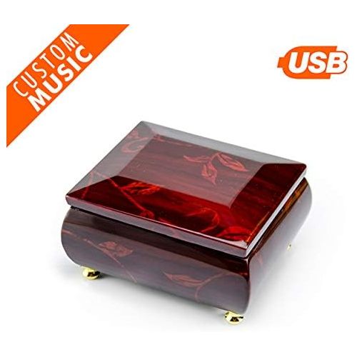  MusicBoxAttic Music Box with Small Jewelry Case for Rings, Earrings - 18 Note Music Box with 454 Song Choices, Floral Burgundy Jewelry Box with Compartment, Ring Rolls, for Women and Girls