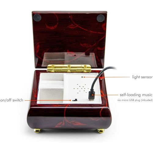  MusicBoxAttic Music Box with Small Jewelry Case for Rings, Earrings - 18 Note Music Box with 454 Song Choices, Floral Burgundy Jewelry Box with Compartment, Ring Rolls, for Women and Girls