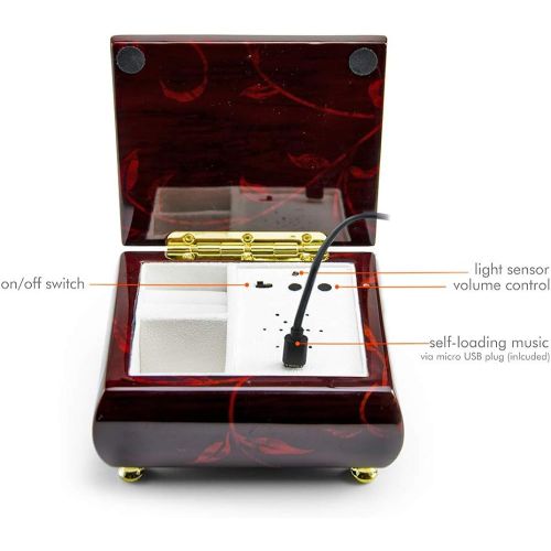  MusicBoxAttic Music Box with Small Jewelry Case for Rings, Earrings - 18 Note Music Box with 454 Song Choices, Floral Burgundy Jewelry Box with Compartment, Ring Rolls, for Women and Girls