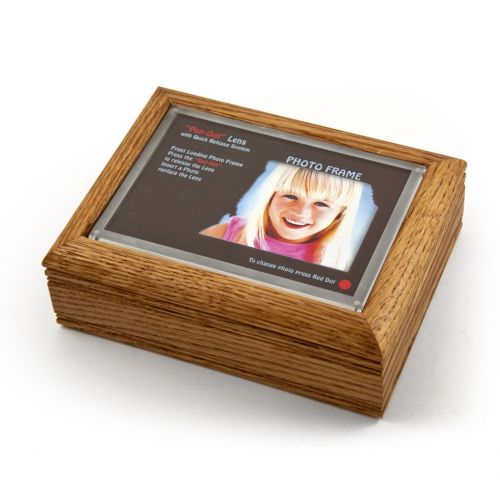  MusicBoxAttic 4 X 6 Oak Photo Frame Music Box with New Pop - Over 400 Song Choices - Out Lens System Somewhere Over The Rainbow