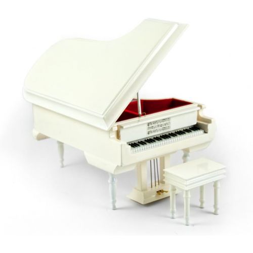  MusicBoxAttic Sophisticated 18 Note Miniature Musical Hi - Over 400 Song Choices - Gloss White Grand Piano with Bench The Little Drummer Boy