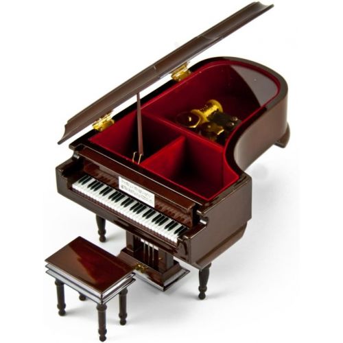  MusicBoxAttic Elegant Wooden Music Box, 18 Note Hi Gloss Brown Miniature Grand Piano with Bench  Music Jewelry Box with Open Compartment, 454 Song Choices, Gift for Her
