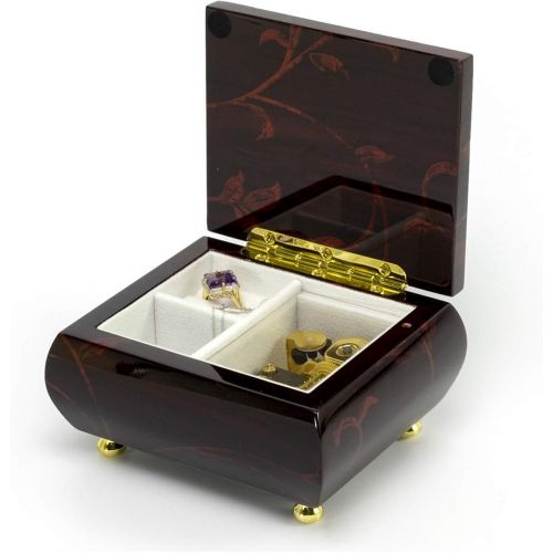  MusicBoxAttic Music Box with Small Jewelry Case for Rings, Earrings - 18 Note Music Box with 454 Song Choices, Floral Burgundy Jewelry Box with Compartment, Ring Rolls, for Women and Girls