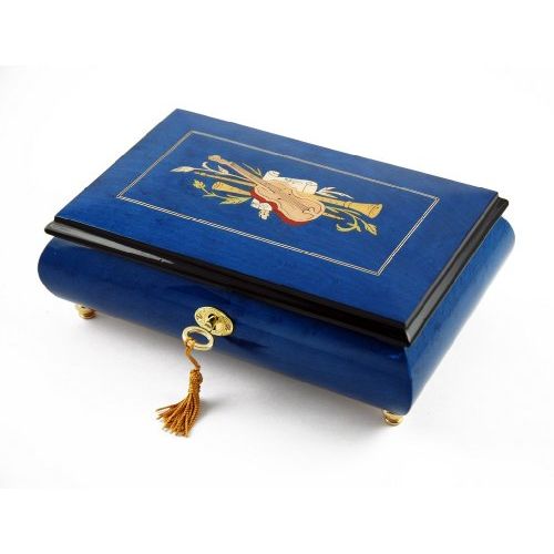  MusicBoxAttic Impressive Royal Blue Instrument and Floral Wood Inlay Musical Jewelry Box Many Songs to Choose Home on The Range