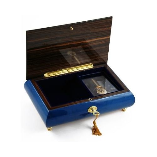  MusicBoxAttic Impressive Royal Blue Instrument and Floral Wood Inlay Musical Jewelry Box Many Songs to Choose Home on The Range