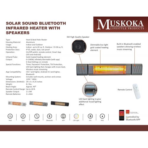  Muskoka Lifestyle Products Solar Sound 1500W 110-120V Bluetooth Infrared Heater with Speakers. Remote and Bluetooth App Controlled.