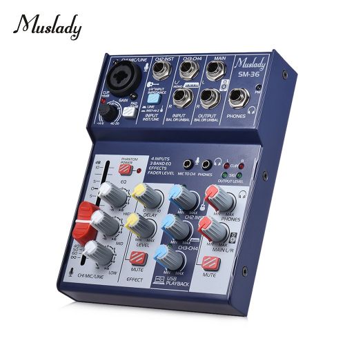  Muslady SM-36 Compact Size 4-Channel Sound Card Console Audio Mixer Supports 5V Power Bank Supply Built-in 48V Phantom Power 3-band EQ with Volume Fader for Recording DJ Network Li