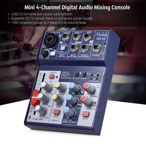  Muslady SM-36 Compact Size 4-Channel Sound Card Console Audio Mixer Supports 5V Power Bank Supply Built-in 48V Phantom Power 3-band EQ with Volume Fader for Recording DJ Network Li