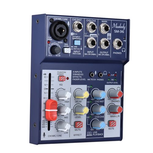  Muslady SM-36 Compact Size 4-Channel Sound Card Console Audio Mixer Supports 5V Power Bank Supply Built-in 48V Phantom Power 3-band EQ with Volume Fader for Recording DJ Network Li