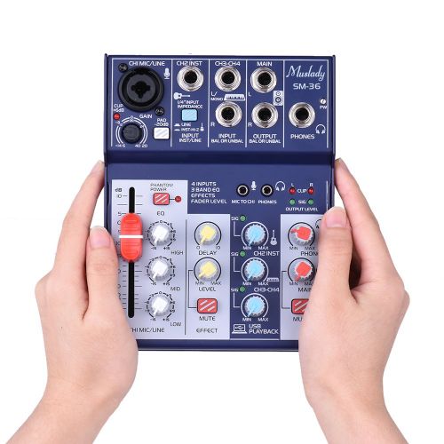  Muslady SM-36 Compact Size 4-Channel Sound Card Console Audio Mixer Supports 5V Power Bank Supply Built-in 48V Phantom Power 3-band EQ with Volume Fader for Recording DJ Network Li