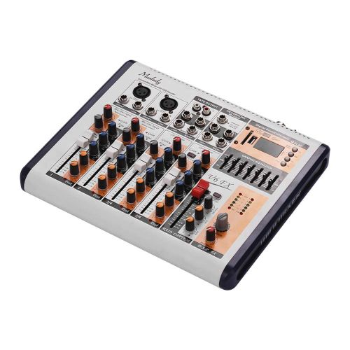  Muslady V6-FX 6-Channel Portable Mixing Console Mixer Built-in 16 DSP Effects +48V Phantom Power Supports BT Connection with Power Adapter for Studio Recording Network Live Broadca