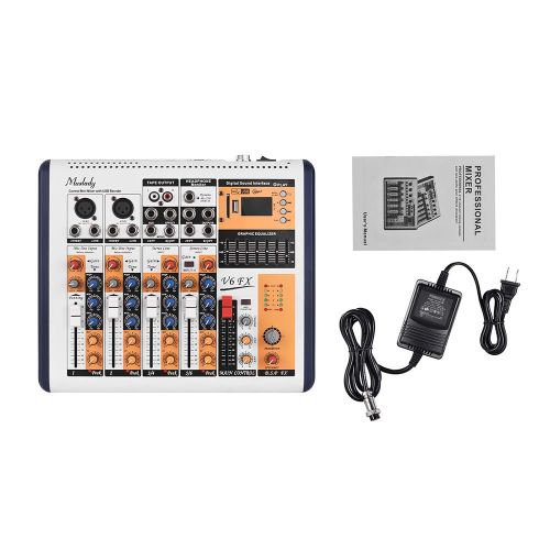  Muslady V6-FX 6-Channel Portable Mixing Console Mixer Built-in 16 DSP Effects +48V Phantom Power Supports BT Connection with Power Adapter for Studio Recording Network Live Broadca