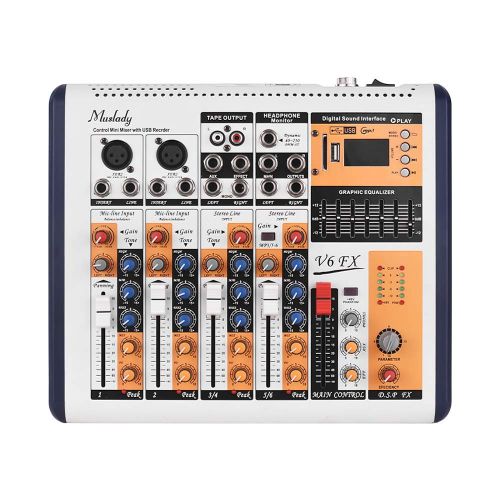  Muslady V6-FX 6-Channel Portable Mixing Console Mixer Built-in 16 DSP Effects +48V Phantom Power Supports BT Connection with Power Adapter for Studio Recording Network Live Broadca