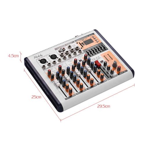  Muslady V6-FX 6-Channel Portable Mixing Console Mixer Built-in 16 DSP Effects +48V Phantom Power Supports BT Connection with Power Adapter for Studio Recording Network Live Broadca