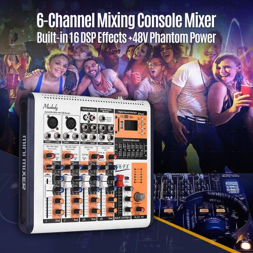  Muslady V6-FX 6-Channel Portable Mixing Console Mixer Built-in 16 DSP Effects +48V Phantom Power Supports BT Connection with Power Adapter for Studio Recording Network Live Broadca
