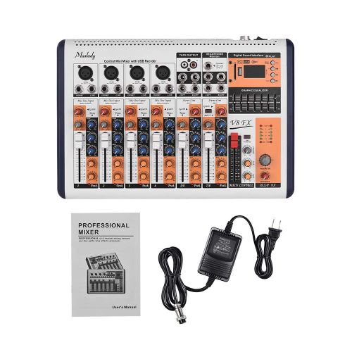  Muslady V8-FX 8-Channel Portable Mixing Console Mixer Built-in 16 DSP Effects +48V Phantom Power Supports BT Connection with Power Adapter for Studio Recording Network Live Broadca