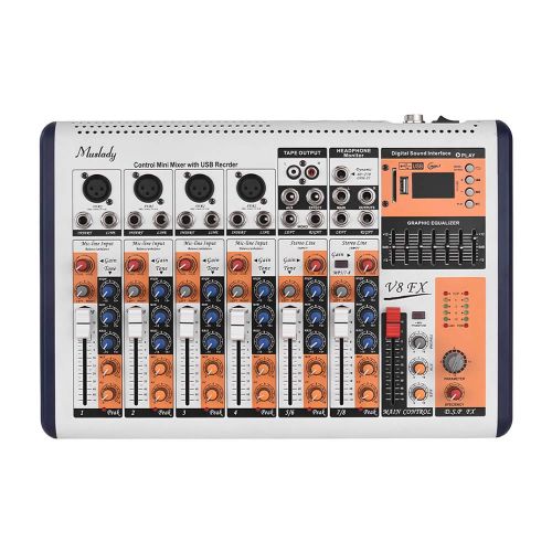  Muslady V8-FX 8-Channel Portable Mixing Console Mixer Built-in 16 DSP Effects +48V Phantom Power Supports BT Connection with Power Adapter for Studio Recording Network Live Broadca