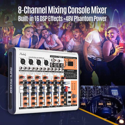  Muslady V8-FX 8-Channel Portable Mixing Console Mixer Built-in 16 DSP Effects +48V Phantom Power Supports BT Connection with Power Adapter for Studio Recording Network Live Broadca