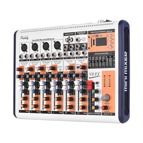  Muslady V8-FX 8-Channel Portable Mixing Console Mixer Built-in 16 DSP Effects +48V Phantom Power Supports BT Connection with Power Adapter for Studio Recording Network Live Broadca