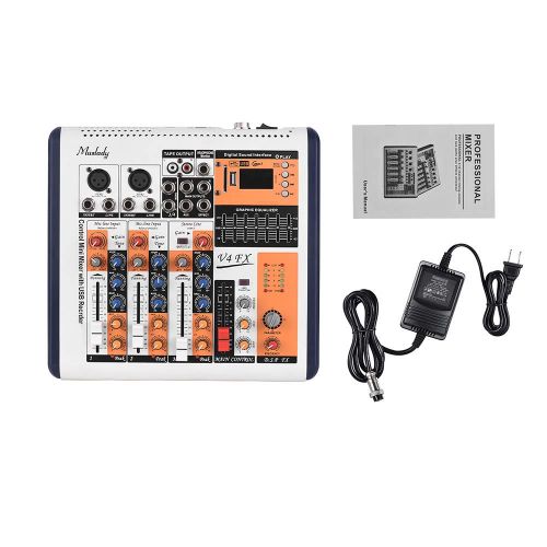  Muslady Audio Mixer V4-FX 4-Channel Portable Mixing Console Mixer Built-in 16 DSP Effects +48V Phantom Power Supports BT Connection with Power Adapter for Studio Recording Network