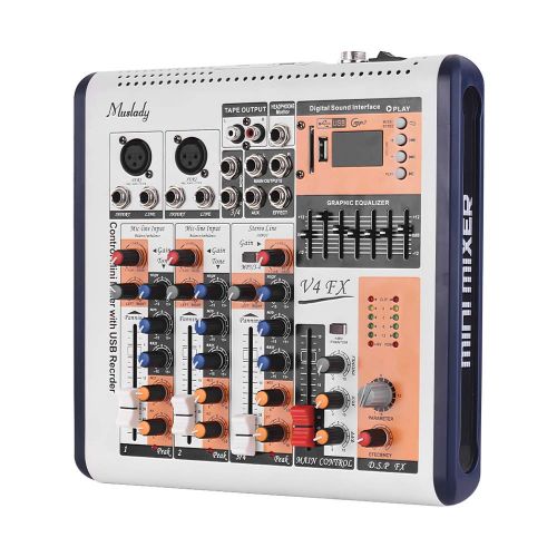  Muslady Audio Mixer V4-FX 4-Channel Portable Mixing Console Mixer Built-in 16 DSP Effects +48V Phantom Power Supports BT Connection with Power Adapter for Studio Recording Network