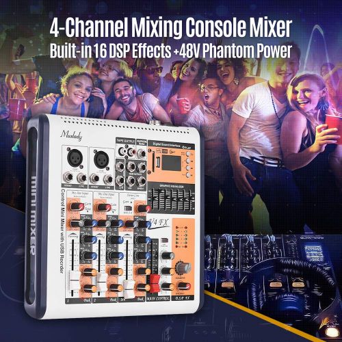  Muslady Audio Mixer V4-FX 4-Channel Portable Mixing Console Mixer Built-in 16 DSP Effects +48V Phantom Power Supports BT Connection with Power Adapter for Studio Recording Network