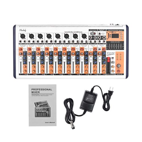  Muslady Portable Mixing Console Mixer V12-FX 12-Channel Built-in 16 DSP Effects +48V Phantom Power Supports BT Connection with Power Adapter for Studio Recording Network Live Broad