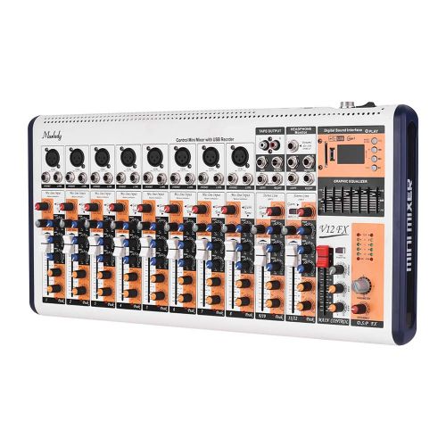  Muslady Portable Mixing Console Mixer V12-FX 12-Channel Built-in 16 DSP Effects +48V Phantom Power Supports BT Connection with Power Adapter for Studio Recording Network Live Broad