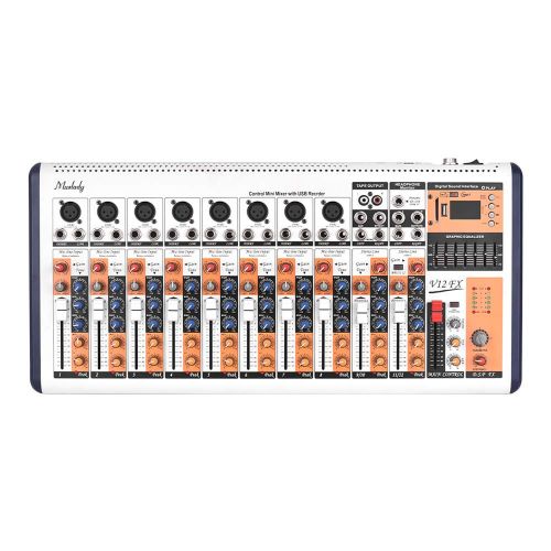  Muslady Portable Mixing Console Mixer V12-FX 12-Channel Built-in 16 DSP Effects +48V Phantom Power Supports BT Connection with Power Adapter for Studio Recording Network Live Broad