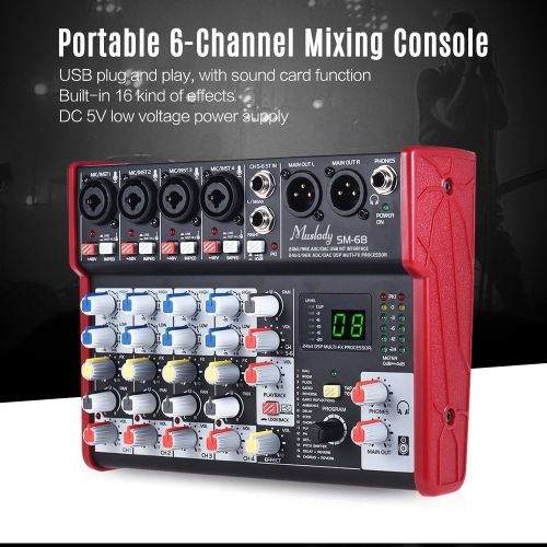  Muslady SM-68 Portable 6-Channel Sound Card Mixing Console Mixer Built-in 16 Effects with USB Audio Interface Supports 5V Power Bank for Recording DJ Network Live Broadcast Karaoke