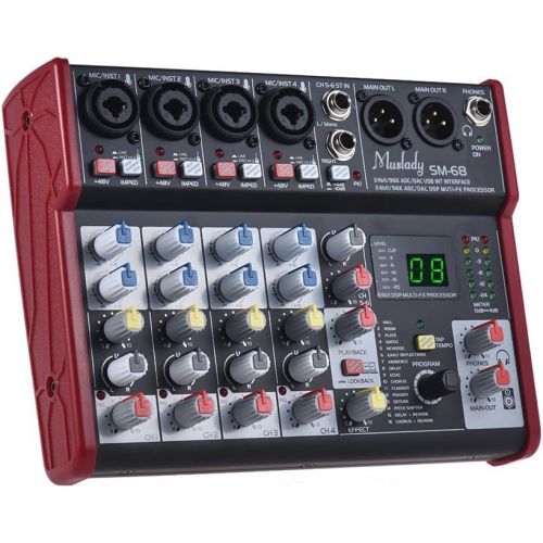  Muslady SM-68 Portable 6-Channel Sound Card Mixing Console Mixer Built-in 16 Effects with USB Audio Interface Supports 5V Power Bank for Recording DJ Network Live Broadcast Karaoke