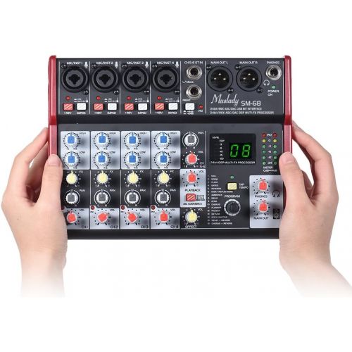  Muslady SM-68 Portable 6-Channel Sound Card Mixing Console Mixer Built-in 16 Effects with USB Audio Interface Supports 5V Power Bank for Recording DJ Network Live Broadcast Karaoke