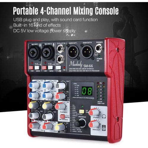  Muslady SM-66 Portable 4-Channel Sound Card Mixing Console Mixer Built-in 16 Effects with USB Audio Interface Supports 5V Power Bank for Recording DJ Network Live Broadcast Karaoke