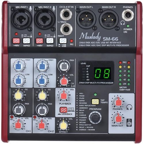  Muslady SM-66 Portable 4-Channel Sound Card Mixing Console Mixer Built-in 16 Effects with USB Audio Interface Supports 5V Power Bank for Recording DJ Network Live Broadcast Karaoke
