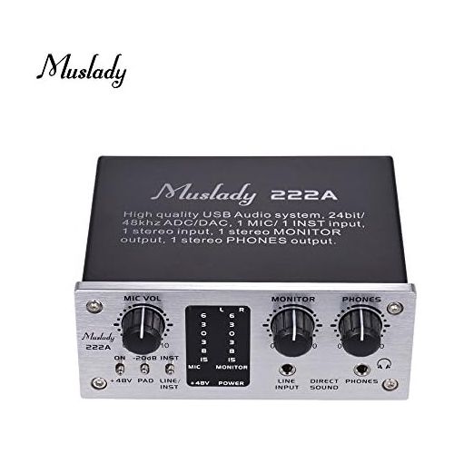  Muslady 222A 2-Channel USB Audio System Interface External Sound Card +48V phantom power DC 5V Power Supply for Computer Smartphone With USB Cable